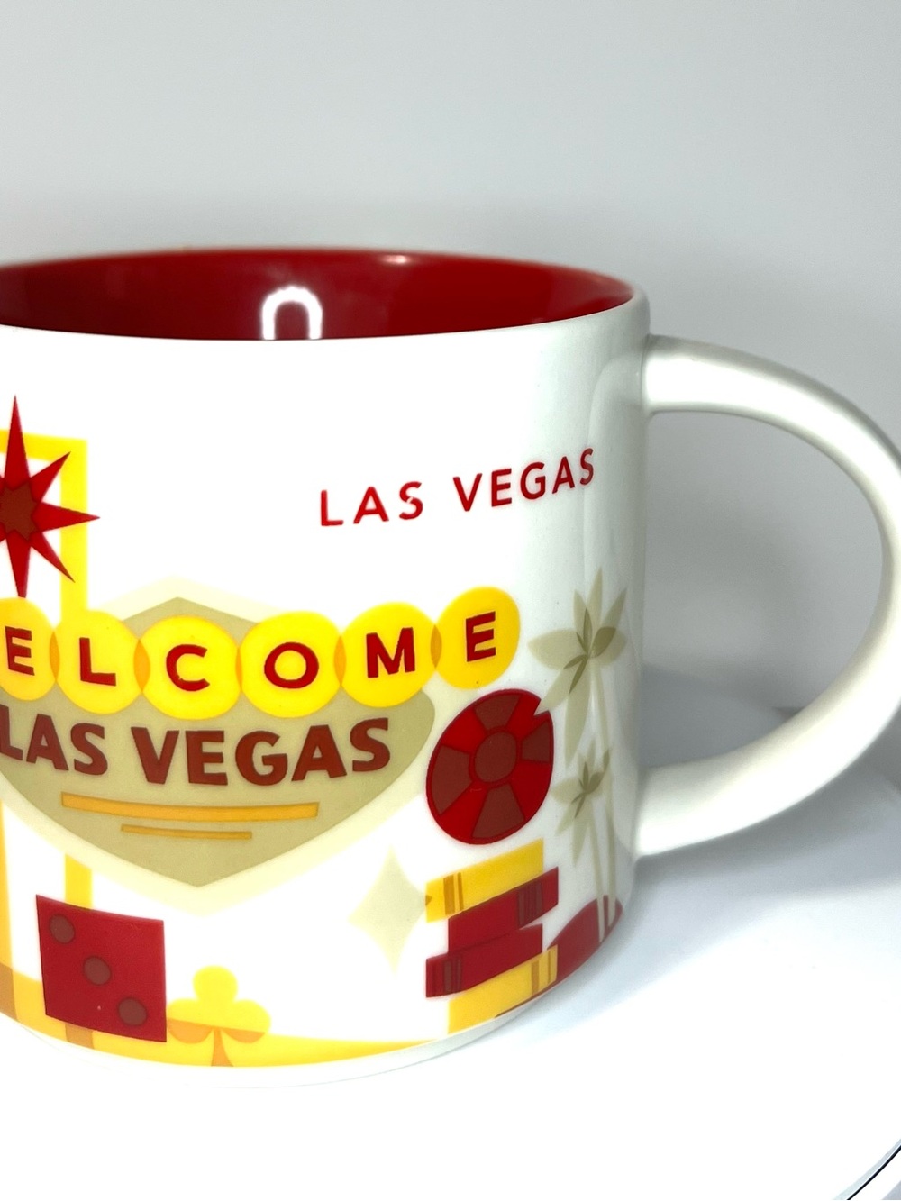 Starbucks White Mug with Red Interior and Yellow Accents - Las Vegas Motif